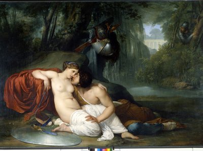 Die Liebe von Renaud und Armide. Illustration einer Szene aus „La Jerusalem delivree“ (La gerusalemme liberata) von Torquato Tasso. Die verzaubernde Armide, umgeben von sehr symbolischen Amours, verführt mit Hilfe ihres Zauberspiegels den Ritter Re von Francesco Hayez