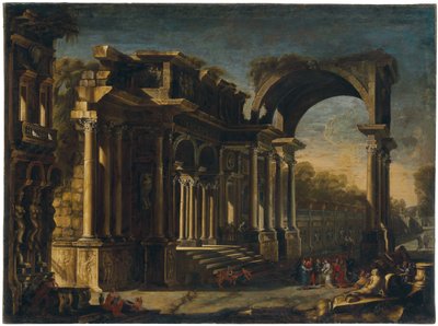Capriccio mit römischen Ruinen und Christus mit der Ehebrecherin von Francesco Maglioli