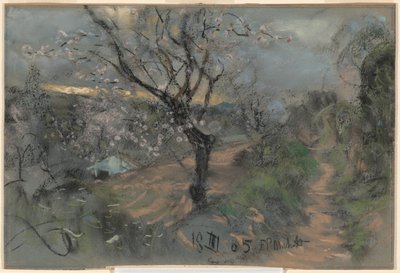 Ein Hangweg mit blühenden Kirschbäumen unter einem bewölkten Himmel von Francesco Paolo Michetti