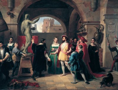 Der König von Frankreich Franz I. besucht das Atelier von Benvenuto Cellini in Rom von Francesco Podesti