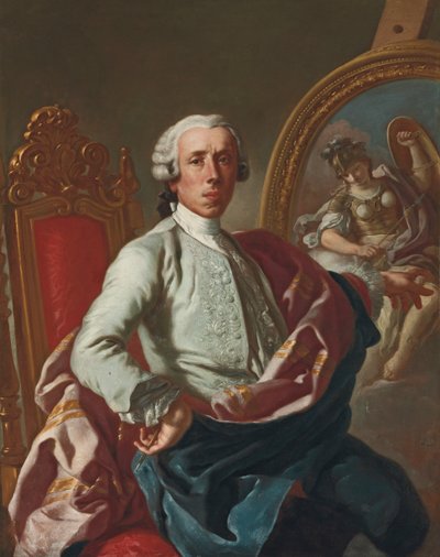 Porträt des Künstlers, dreiviertel Länge, sitzend, einen Bleistift haltend, an einer Staffelei mit einem Bild von Minerva von Francesco de Mura