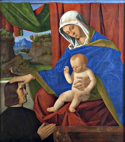 Jungfrau und Kind mit einem Stifter, Spätes 15. Jahrhundert von Francesco di Simone da Santacroce