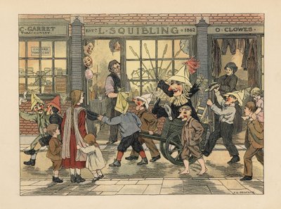 Feuerwerksladen - Viktorianische Kinder ziehen einen Guy in einem Karren an Guy Fawkes Nacht vor L. Squibling