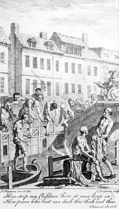 Baden im Fluss Fleet, mit einem Zitat aus Alexander Popes 
