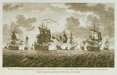 Zwölf Drucke von Seegefechten. Die glorreiche Aktion vor Kap Francois am 21. Oktober 1757, zwischen den Engländern und sieben französischen Kriegsschiffen, bei der letztere vollständig besiegt wurden. von Francis Swaine