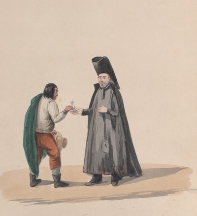 Ein Kanon überreicht einem Mann ein Kruzifix, aus einer Gruppe von Zeichnungen, die peruanische Trachten darstellen, 1848 von Francisco