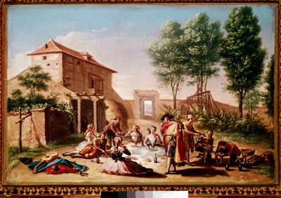 Mittagessen auf dem Land: junge Leute des Bürgertums beim Picknick. Gemälde von Francisco Bayeu y Subías von Francisco Bayeu y Subias