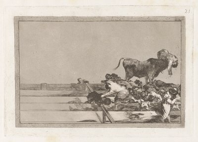 Desgracias acaecidas en el tendido de la plaza de Madrid, y muerte del alcalde de Torrejon (Schreckliche Ereignisse in den vorderen Reihen des Rings in Madrid und Tod des Bürgermeisters von Torrejon), Platte 21 aus La tauromaquia von Francisco de Goya