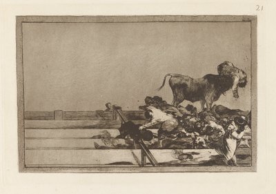 Schreckliche Ereignisse in den vorderen Reihen des Rings in Madrid und Tod des Bürgermeisters von Torrejón, Platte 21 aus La tauromaquia von Francisco de Goya
