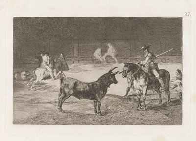 Der berühmte Picador Fernando del Toro zieht das wilde Tier mit seiner Pike an, Platte 27 aus La tauromaquia von Francisco de Goya