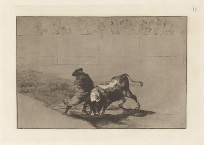 Der sehr geschickte Student von Falces, in seinen Umhang gehüllt, trickst den Stier mit seinen Bewegungen aus, Platte 14 aus La tauromaquia von Francisco de Goya