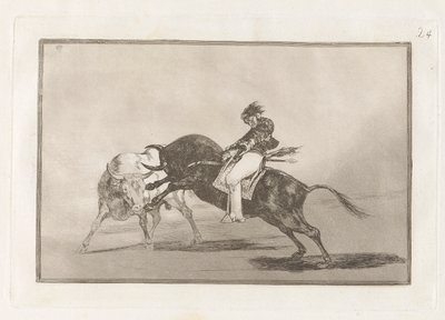 El mismo Ceballos montado sobre otro toro quiebra rejones en la plaza de Madrid (Der gleiche Ceballos auf einem anderen Stier bricht kurze Speere in der Arena von Madrid), Platte 24 aus La tauromaquia von Francisco de Goya