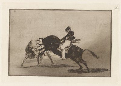 Der gleiche Ceballos auf einem anderen Stier bricht kurze Speere im Ring von Madrid, Platte 24 aus La tauromaquia von Francisco de Goya