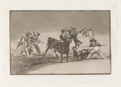Die Mauren benutzen Esel als Barriere, um sich gegen den Stier zu verteidigen, dessen Hörner mit Kugeln versehen sind, Platte 17 aus La tauromaquia von Francisco de Goya