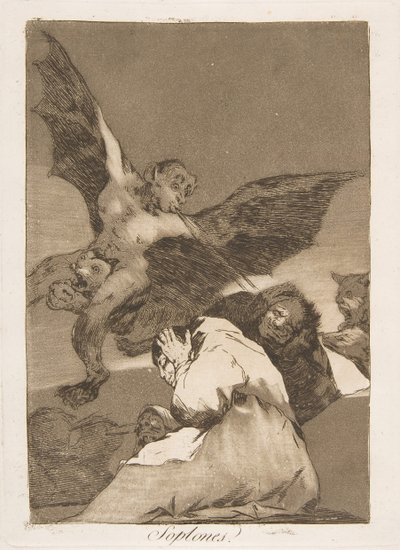 Platte 48 aus Los Caprichos: Geschichtenerzähler - Windstöße (Soplones) von Francisco de Goya