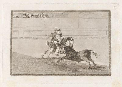Ein spanischer Ritter in der Arena, der kurze Speere ohne Hilfe der Assistenten bricht, Platte 13 aus La tauromaquia von Francisco de Goya