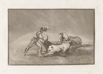 Ein spanischer Ritter tötet den Stier, nachdem er sein Pferd verloren hat, Platte 9 aus La tauromaquia von Francisco de Goya