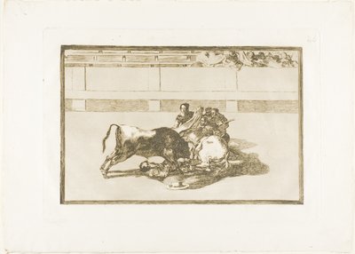 Ein Picador wird abgeworfen und fällt unter den Stier, Platte 26 aus Die Kunst des Stierkampfs von Francisco Jose de Goya y Lucientes