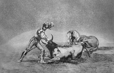 Ein spanischer Ritter tötet den Stier, nachdem er sein Pferd verloren hat, Platte 9 aus 