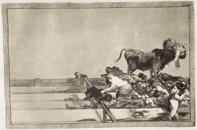 Schreckliche Ereignisse in den vorderen Reihen des Rings in Madrid und der Tod des Bürgermeisters von Torrejon im Jahr 1801. 1816. Platte 21 aus „Die Kunst des Stierkampfs“. Radierung. von Francisco Jose de Goya y Lucientes