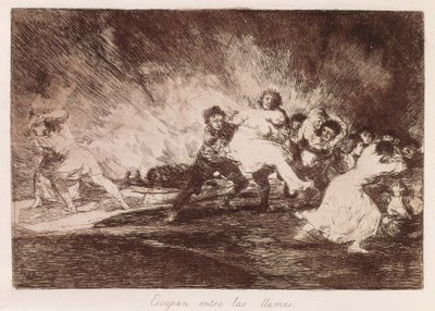 GOYA Y LUCIENTES, Francisco de (1746-1828). Sie fliehen durch die Flammen. 1810-1812. (16,1 x 23,3 cm). Platte 47 aus „Die Schrecken des Krieges“. Radierung. SPANIEN. MADRID (AUTONOME GEMEINSCHAFT). Madrid. Nationalbibliothek von Francisco Jose de Goya y Lucientes