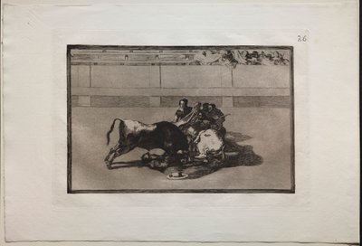Stierkämpfe: Ein Picador wird abgeworfen und fällt unter den Stier von Francisco de Goya
