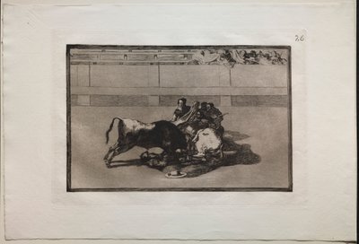 Stierkämpfe: Ein Picador wird abgeworfen und fällt unter den Stier, 1876 von Francisco de Goya