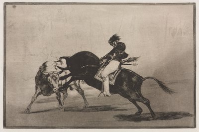 Stierkämpfe: Der gleiche Ceballos, auf einem anderen Stier reitend, bricht kurze Speere im Ring in Madrid von Francisco de Goya