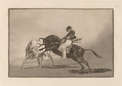 Der gleiche Ceballos, auf einem anderen Stier reitend, bricht kurze Speere in der Arena von Madrid von Francisco de Goya