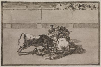 Ein Picador wird vom Pferd geworfen und stürzt unter den Stier von Francisco de Goya