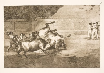 Pferd wird von einem Stier zu Boden geworfen von Francisco de Goya