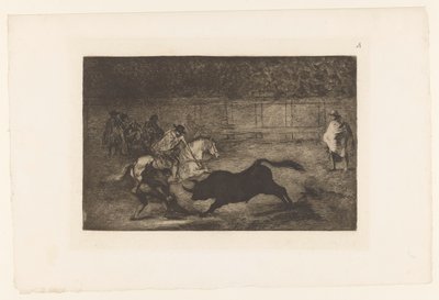 Mann zu Pferd sticht seinen Speer in einen Stier von Francisco de Goya