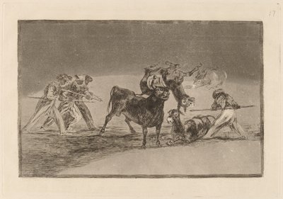 Die Mauren benutzen Esel als Barriere, um sich gegen den Stier zu verteidigen, dessen Hörner mit Kugeln versehen sind von Francisco de Goya