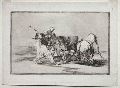 Die Mauren siedelten sich in Spanien an, gaben die Aberglauben des Korans auf, nahmen diese Jagdkunst an und spießten einen Stier im Freien auf von Francisco de Goya