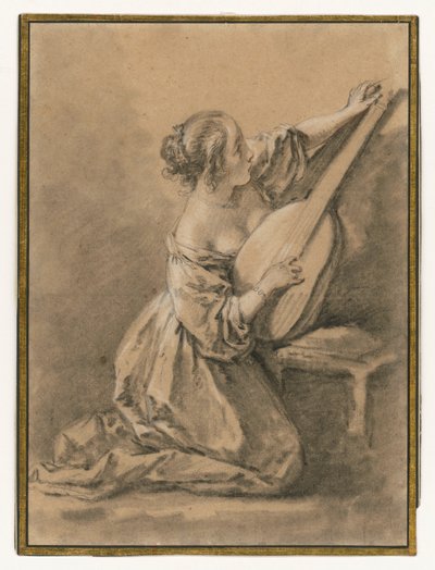 Kniende junge Frau, die eine Laute stimmt von François Boucher