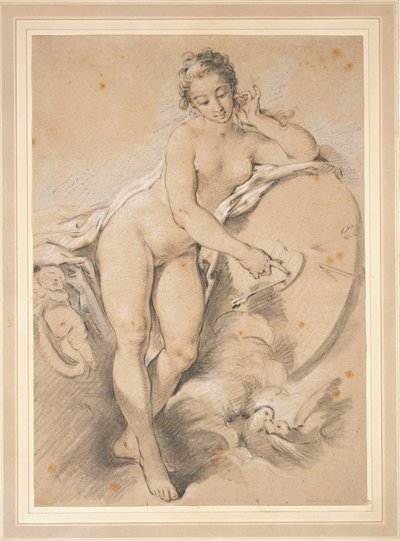 Venus stehend, auf ein Herz auf einer Zielscheibe mit zwei Tauben zeigend von François Boucher