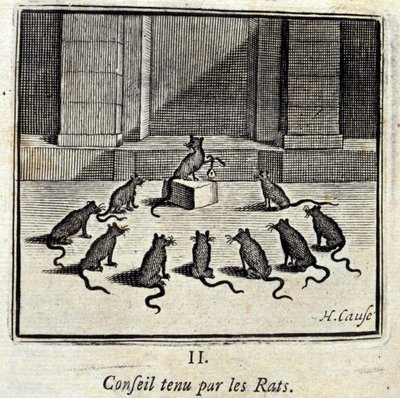 Rat der Ratten. Fabeln von Jean de La Fontaine. Illustration von François Chauveau. Ausgabe von 1728. von Francois Chauveau
