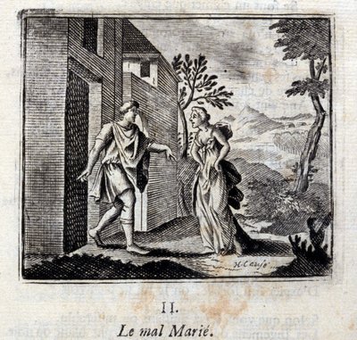 Das Böse heiratet. Fabeln von Jean de La Fontaine (1621-95). Illustration von François Chauveau (1613-1676). Ausgabe von 1728 von Francois Chauveau