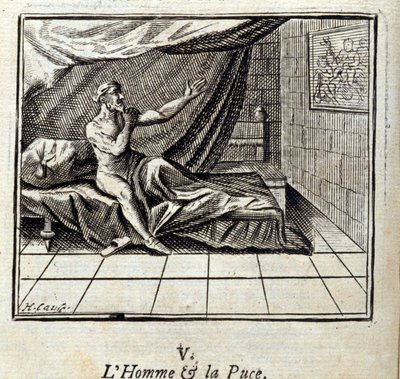 Der Mann und der Floh. Fabeln von Jean de La Fontaine. Illustration von François Chauveau. Ausgabe von 1728. von Francois Chauveau