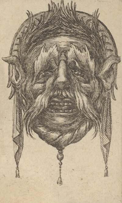 Maske mit langen Augenbrauen und Schnurrbart und einem Kopfschmuck mit baumelndem Tuch, aus Dive..., ca. 1635-45 von Francois Chauveau
