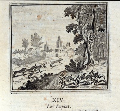 Kaninchen. Fabeln von Jean de La Fontaine. Illustration von François Chauveau. Ausgabe von 1728. von Francois Chauveau