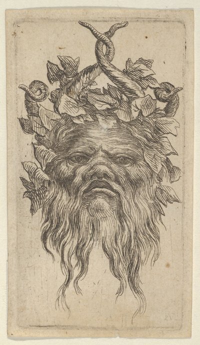 Satyrmaske mit gebogenen Hörnern und einem Efeukranz, aus Divers Masques von Francois Chauveau