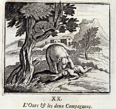 Der Bär und die zwei Gefährten. Fabeln von Jean de La Fontaine. Illustration von François Chauveau. Ausgabe von 1728. von Francois Chauveau