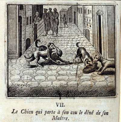 Der Hund, der das Geld seines Herrn am Hals trägt. Fabeln von Jean de La Fontaine. Illustration von François Chauveau. Ausgabe von 1728. von Francois Chauveau