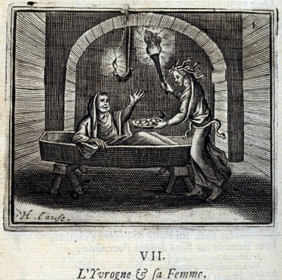 Der Betrunkene und seine Frau. Fabeln von Jean de La Fontaine (1621-95). Illustration von François Chauveau (1613-1676). Ausgabe von 1728. von Francois Chauveau