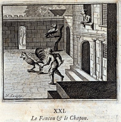 Der Falke und der Kapaun. Fabeln von Jean de La Fontaine. Illustration von François Chauveau. Ausgabe von 1728. von Francois Chauveau