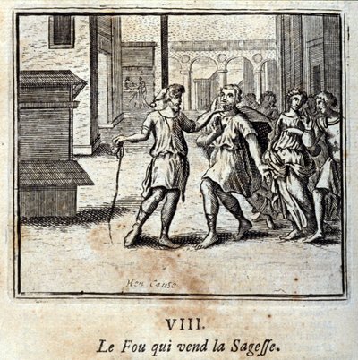 Der Narr, der Weisheit verkauft. Fabeln von Jean de La Fontaine. Illustration von François Chauveau. Ausgabe von 1728. von Francois Chauveau