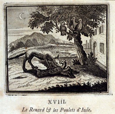 Der Fuchs und die Hühner von Indien. Fabeln von Jean de La Fontaine. Illustration von François Chauveau. Ausgabe von 1728. von Francois Chauveau