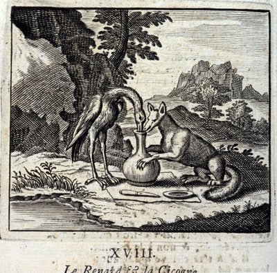 Der Fuchs und der Storch. Fabeln von Jean de La Fontaine (1621-95). Illustration von François Chauveau (1613-1676). Ausgabe von 1728. von Francois Chauveau