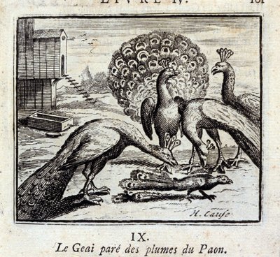 Der Eichelhäher schmückt sich mit Pfauenfedern. Fabeln von Jean de La Fontaine. Illustration von François Chauveau. Ausgabe von 1728. von Francois Chauveau